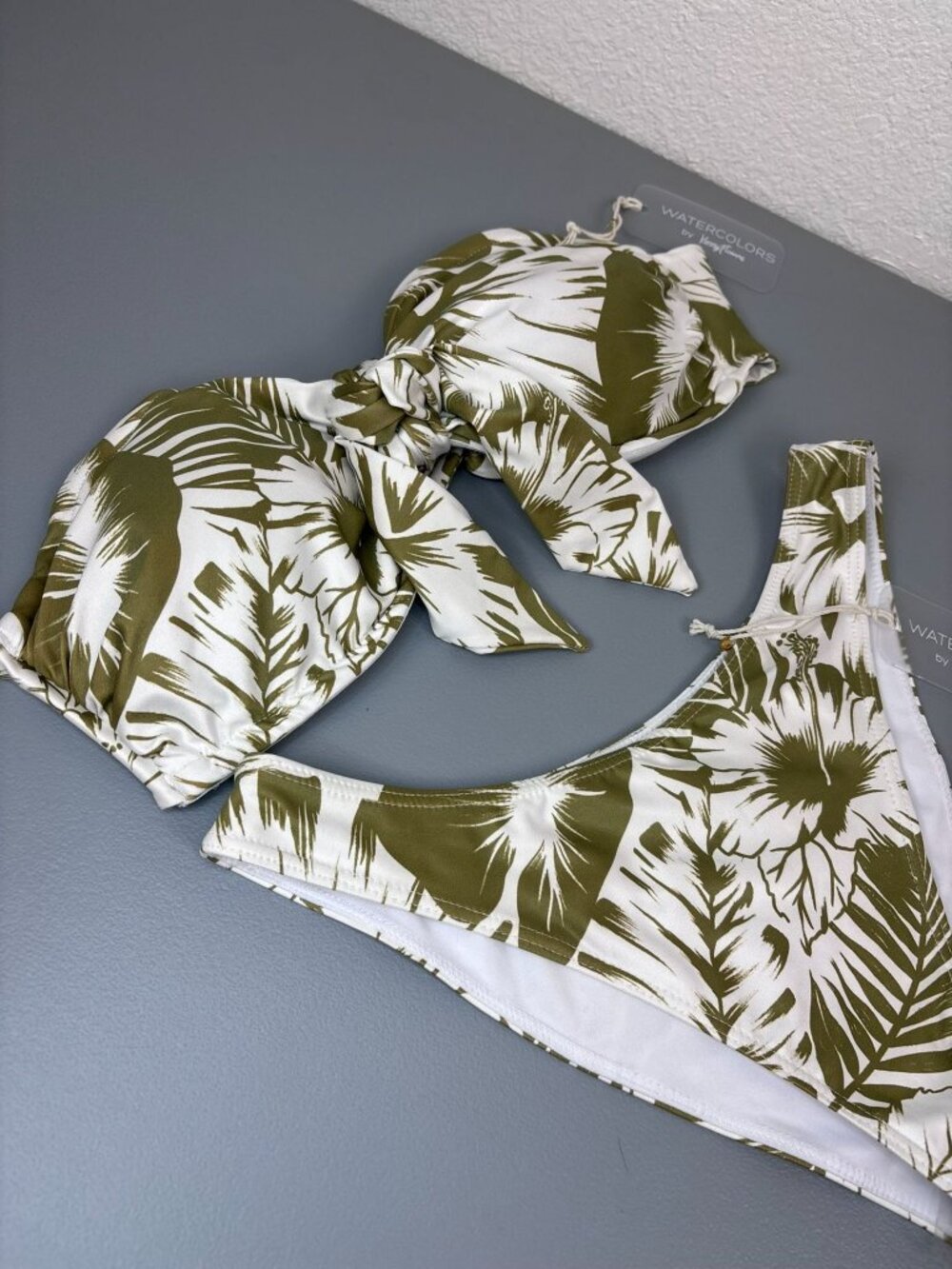 Watercolors by Kenny Flowers small green white tropical palm bandeau bikini set - Picture 2 of 6